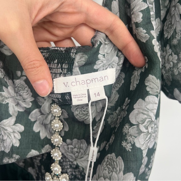 V. Chapman Emma Cut Out Rhinestone Puff Sleeve Dress Emerald Peony Print 14 NWT - Picture 13 of 14